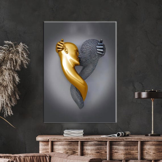 Modern Canvas Poster Framed Kissing Couple Wall Hanging Metallic Decor Luxury Gift For Her