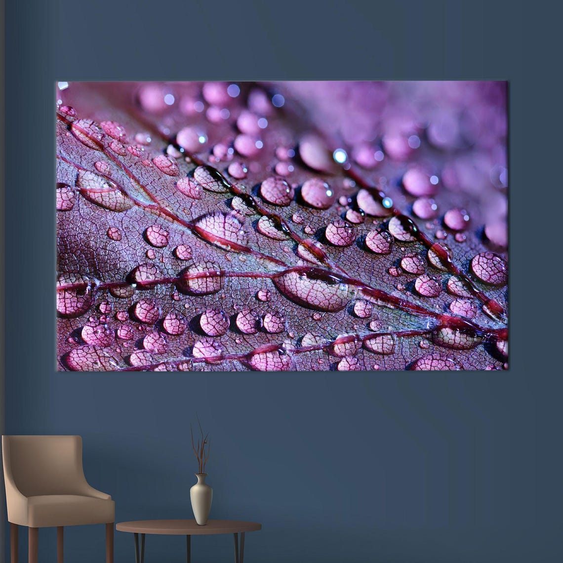 Purple Leaf Water Droplets Macro Botanical Photography Poster