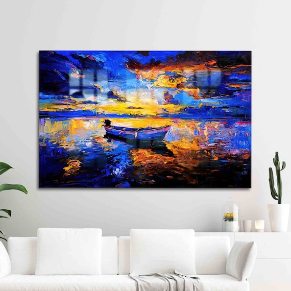 Rowboat On Sunset Water Abstract Palette Knife Glass Art Poster