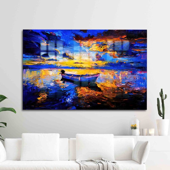 Wall Decor Glass Art Abstract Sea Painting View Nature Landscape Tempered Boat