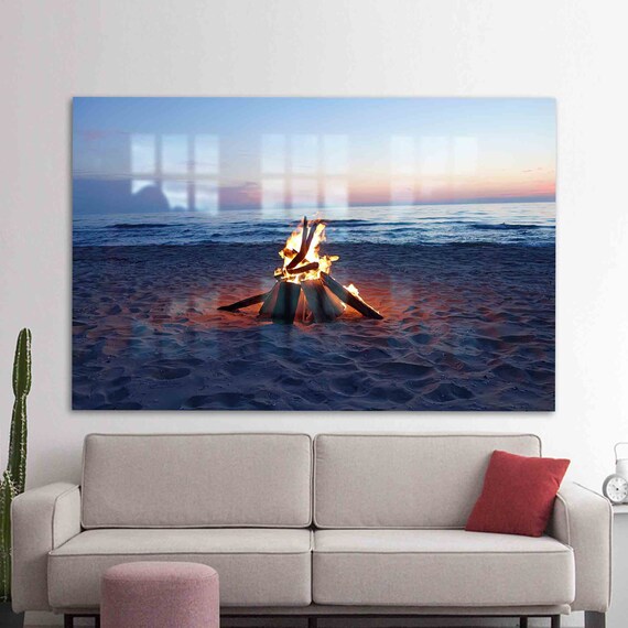 Beach Bonfire At Sunset On Ocean Shore With Glowing Flames Poster