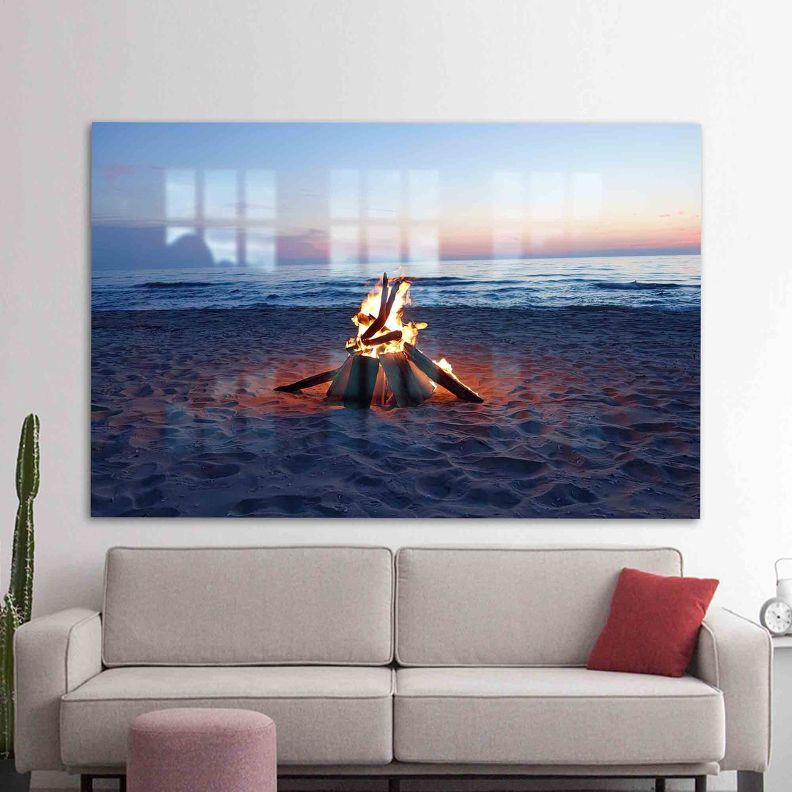 Beach Bonfire At Sunset On Ocean Shore With Glowing Flames Poster