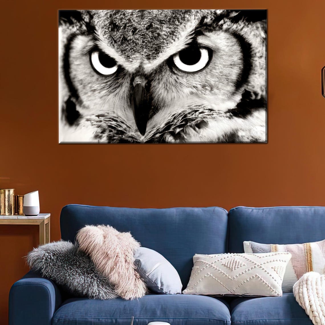 Great Horned Owl Face Close-Up Black White Photography Wall Art