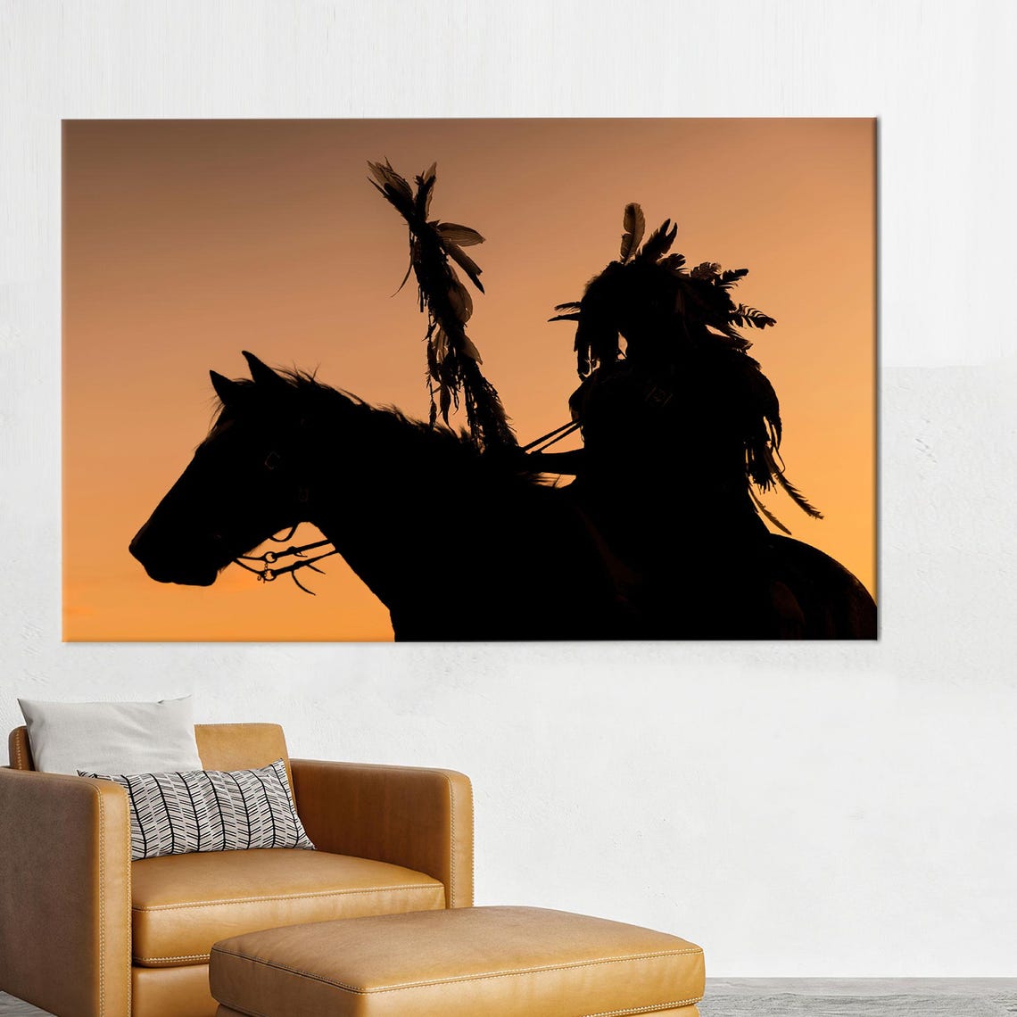 Native American Horseback Rider Sunset Silhouette Western Wall Art