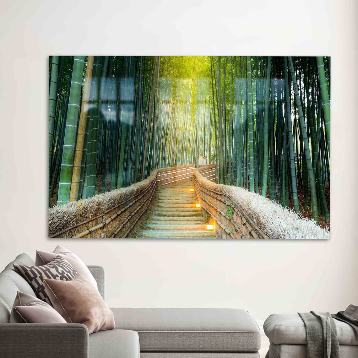 Sunlit Bamboo Forest Path With Stone Steps Zen Photography Poster