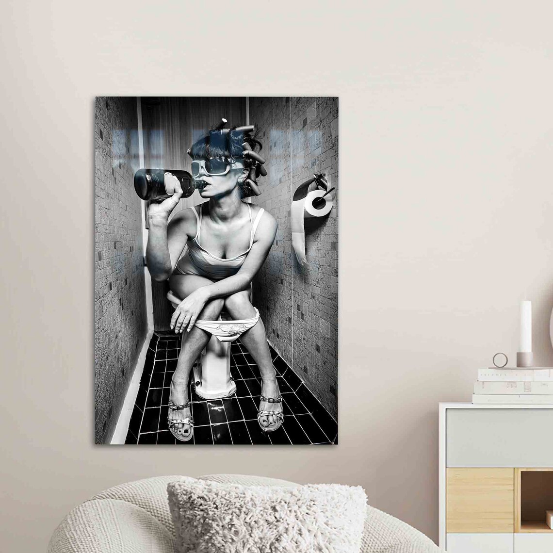Funny Bathroom Woman on Toilet Black and White Comedy Photo Poster