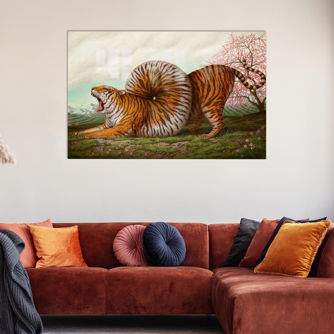 Surreal Spiral Tiger Stretching Cherry Blossom Glass Wall Art