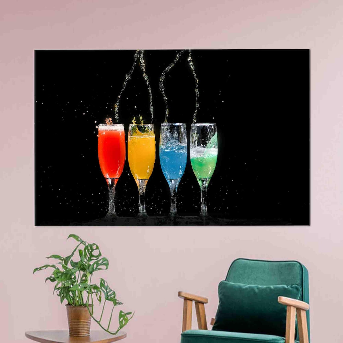 Colorful Champagne Cocktail Glasses Splash Black Background Wall Art