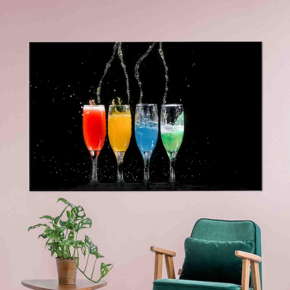 Colorful Champagne Cocktail Glasses Splash Black Background Wall Art
