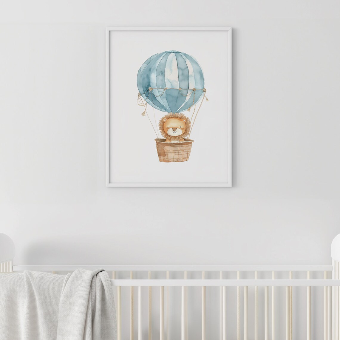 Lion Cub Blue Hot Air Balloon Baby Boy Nursery Watercolor Poster - Image 2
