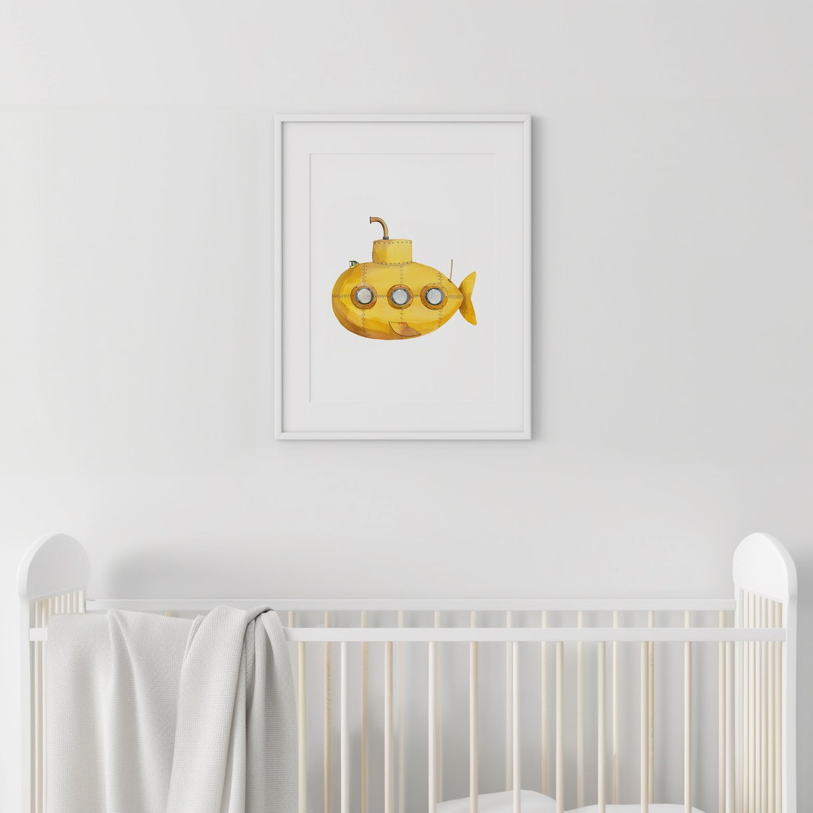 Cute Yellow Submarine Watercolor Nautical Kids Playroom Wall Art - Image 2