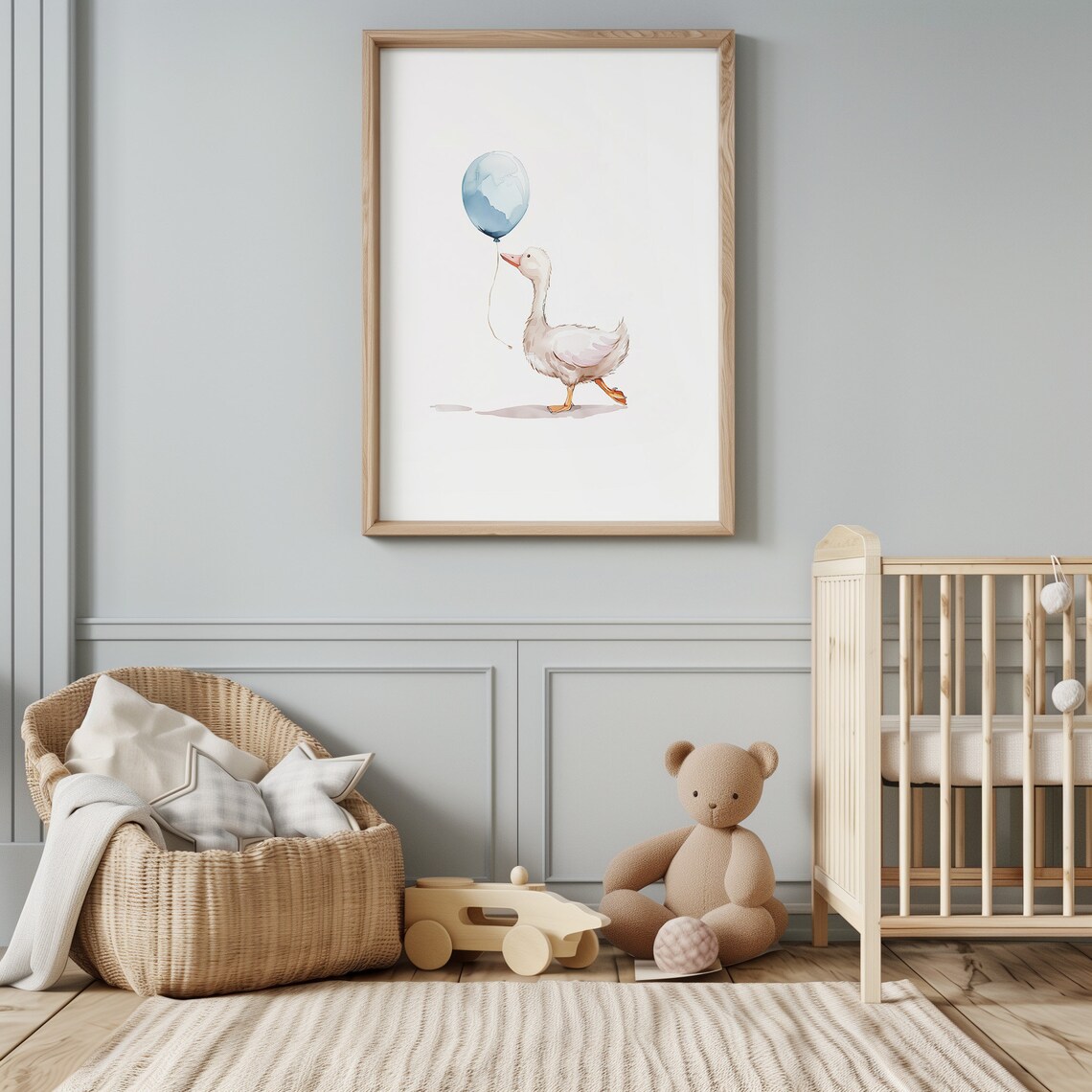White Duck Blue Balloon Minimalist Baby Boy Nursery Watercolor Poster - Image 4