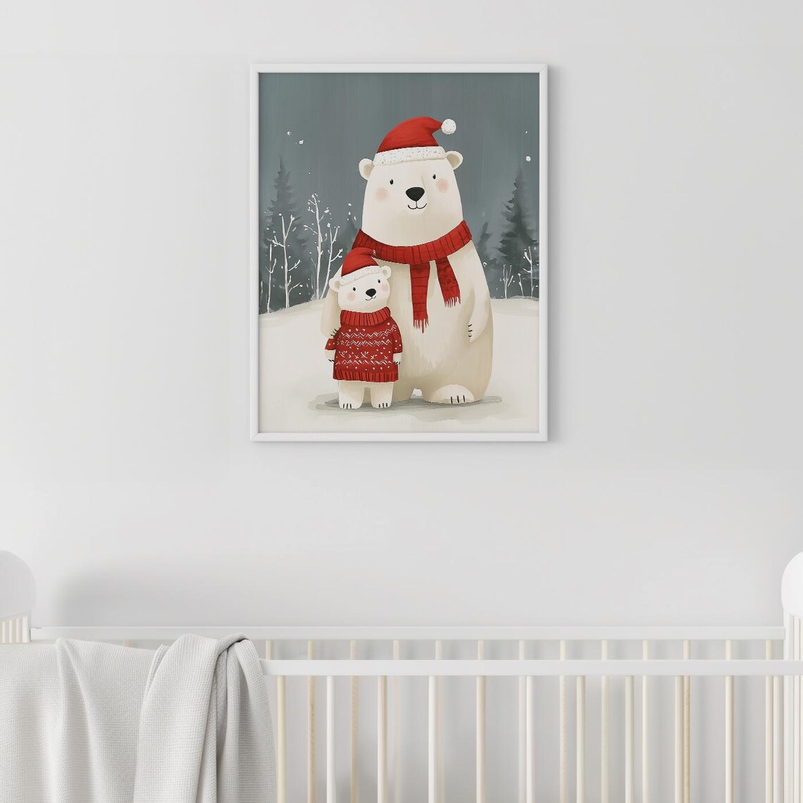 Polar Bears Santa Hats Red Scarves Snowy Forest Christmas Poster - Image 2