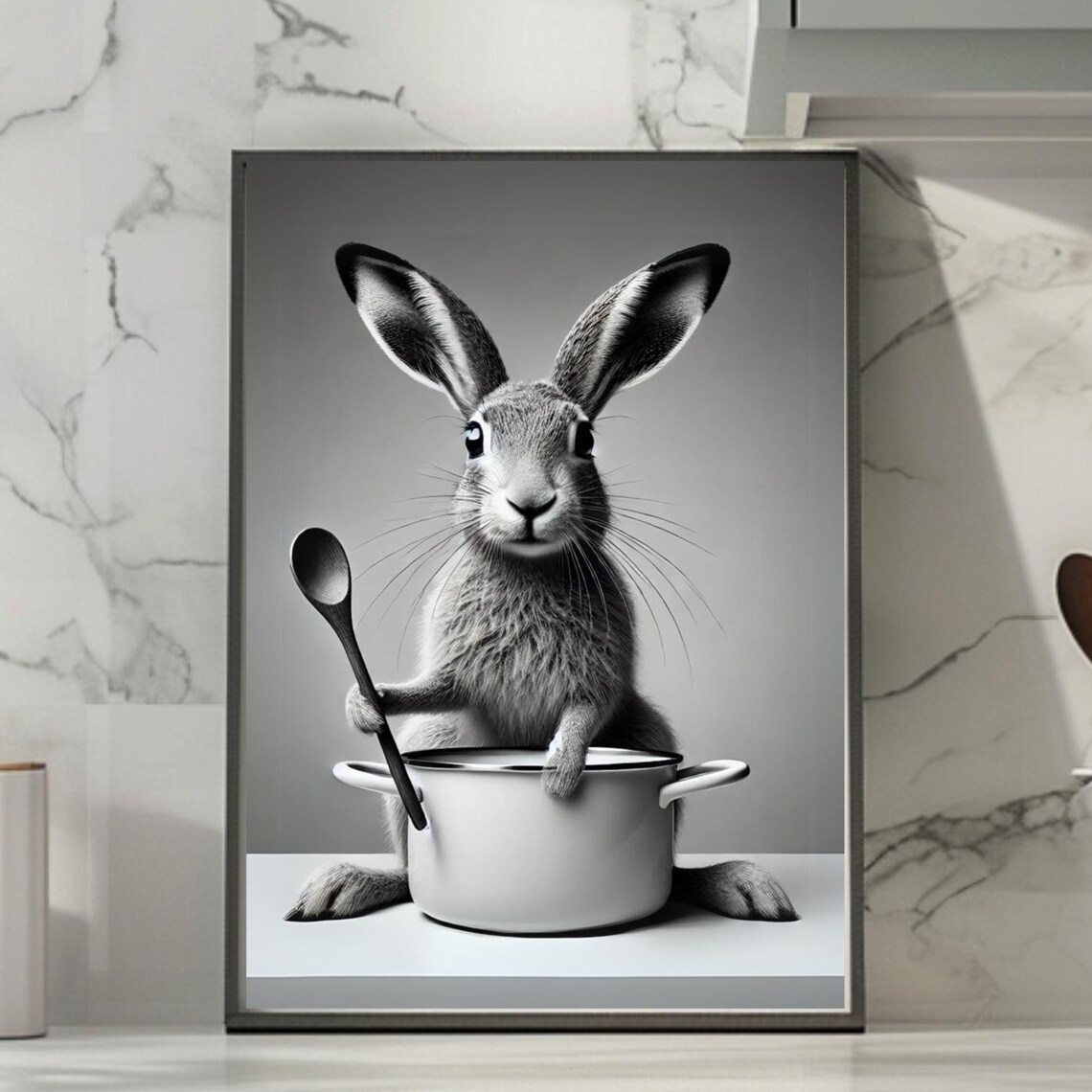 Rabbit Holding a Spoon over a Cooking Pot Funny Kitchen Black and White Poster