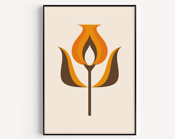 Mid Century Modern Retro Orange Tulip Flower Minimalist Art Print