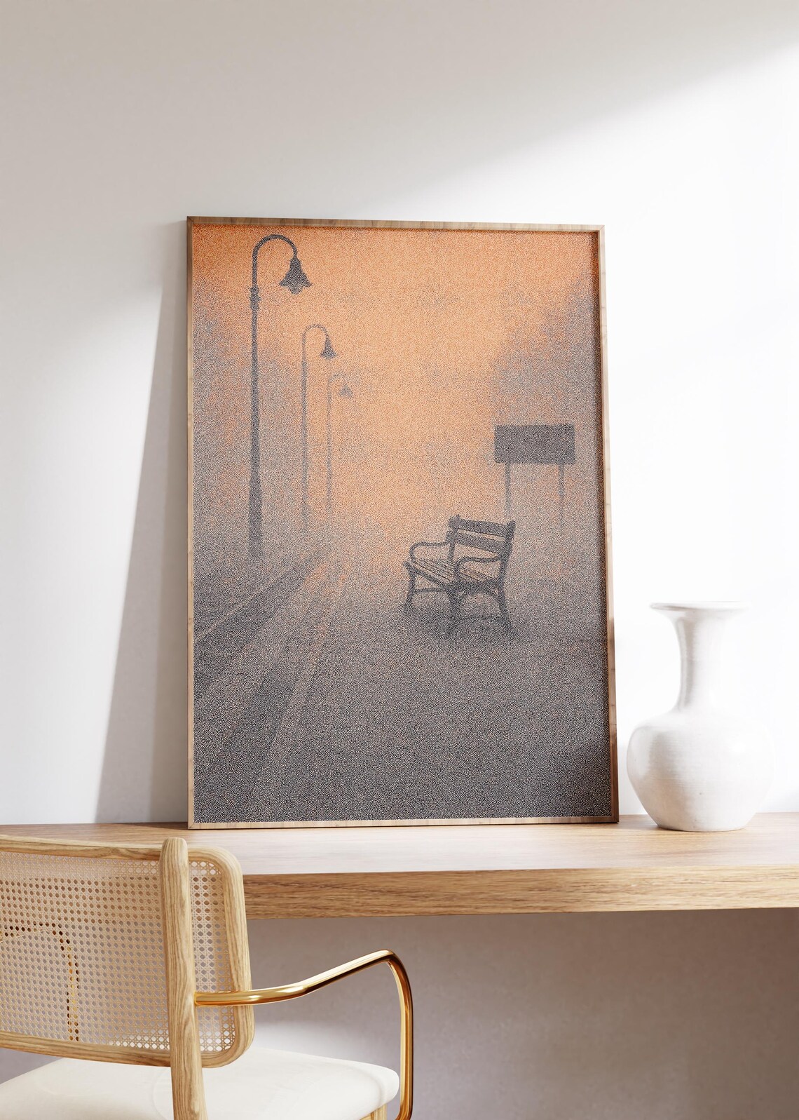 Misty Street Lamps with Bench on Foggy Morning Walkway Poster