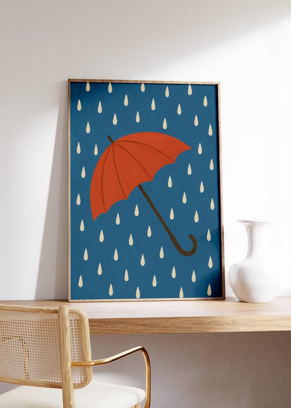 Red Umbrella Wall Art Print Rainy Day Decor Bold Contrast Navy Background Cozy Modern Minimalism Playful Raindrop Pattern