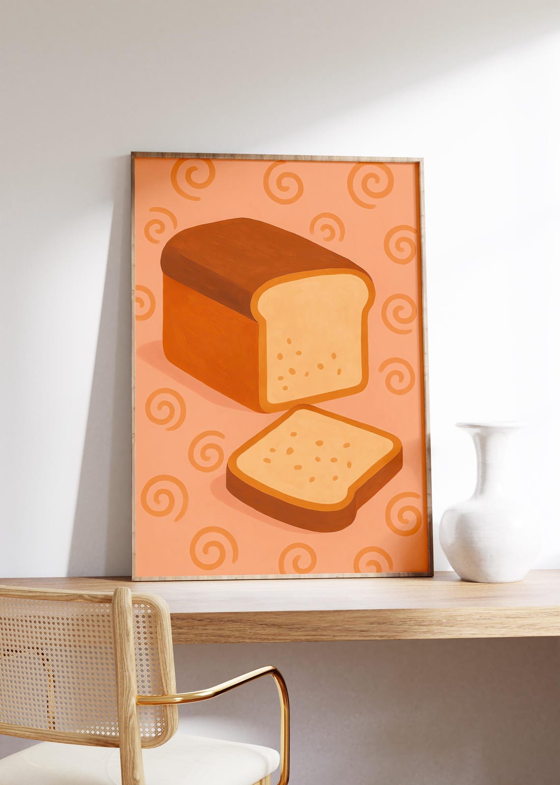 Loaf Of Bread With Slice On Peach Background Kitchen Art Poster