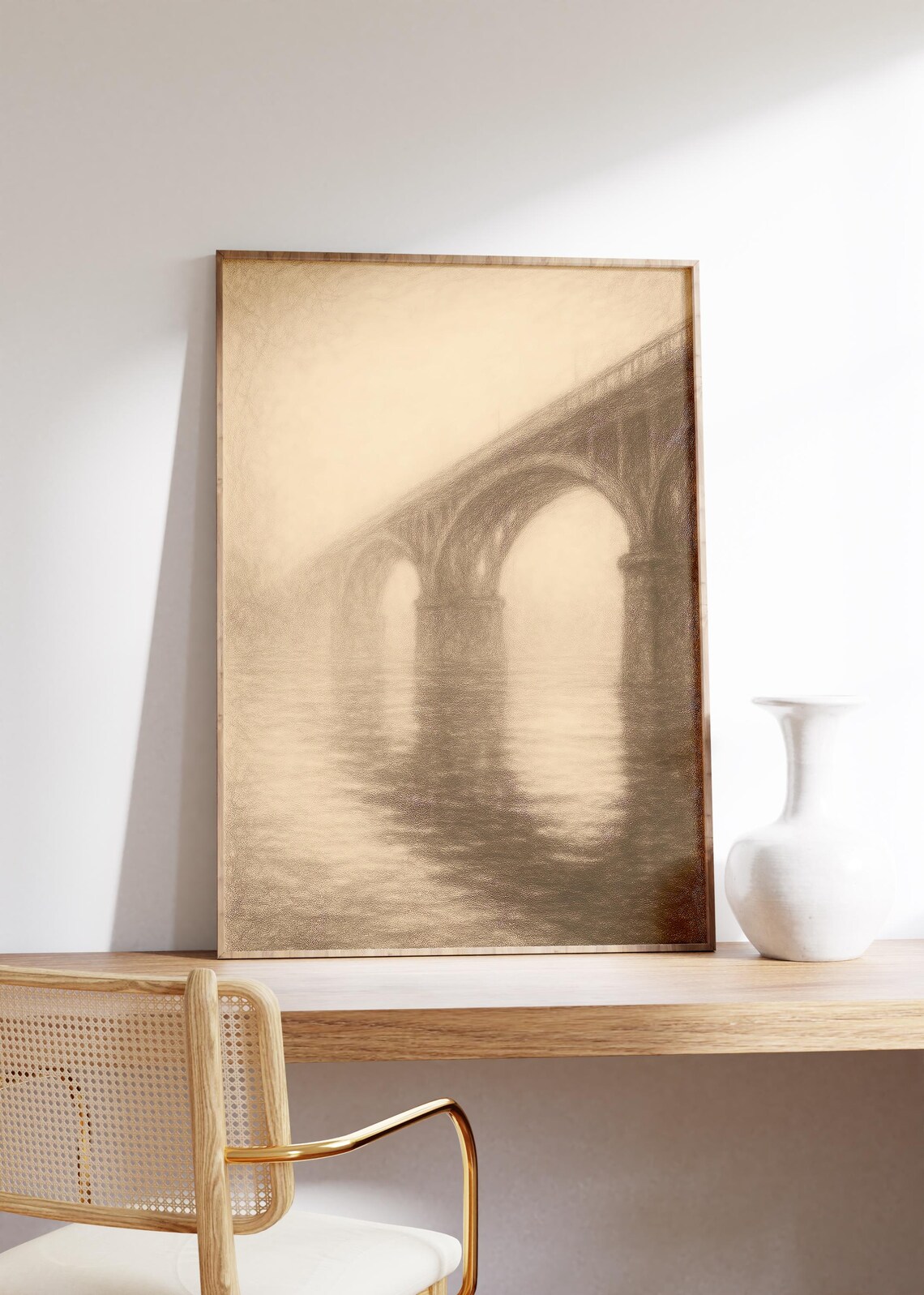 Misty Stone Bridge Over Water Sepia Sketch Vintage Landscape Poster