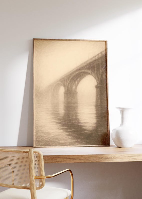 Misty Bridge Wall Art Print Sepia Haze Soft River Reflection Vintage Structure Moody Tones Quiet Moment Sketch Texture Calm Decor
