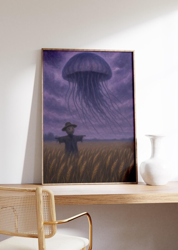 Giant Jellyfish Over Wheat Field With Scarecrow Surreal Poster