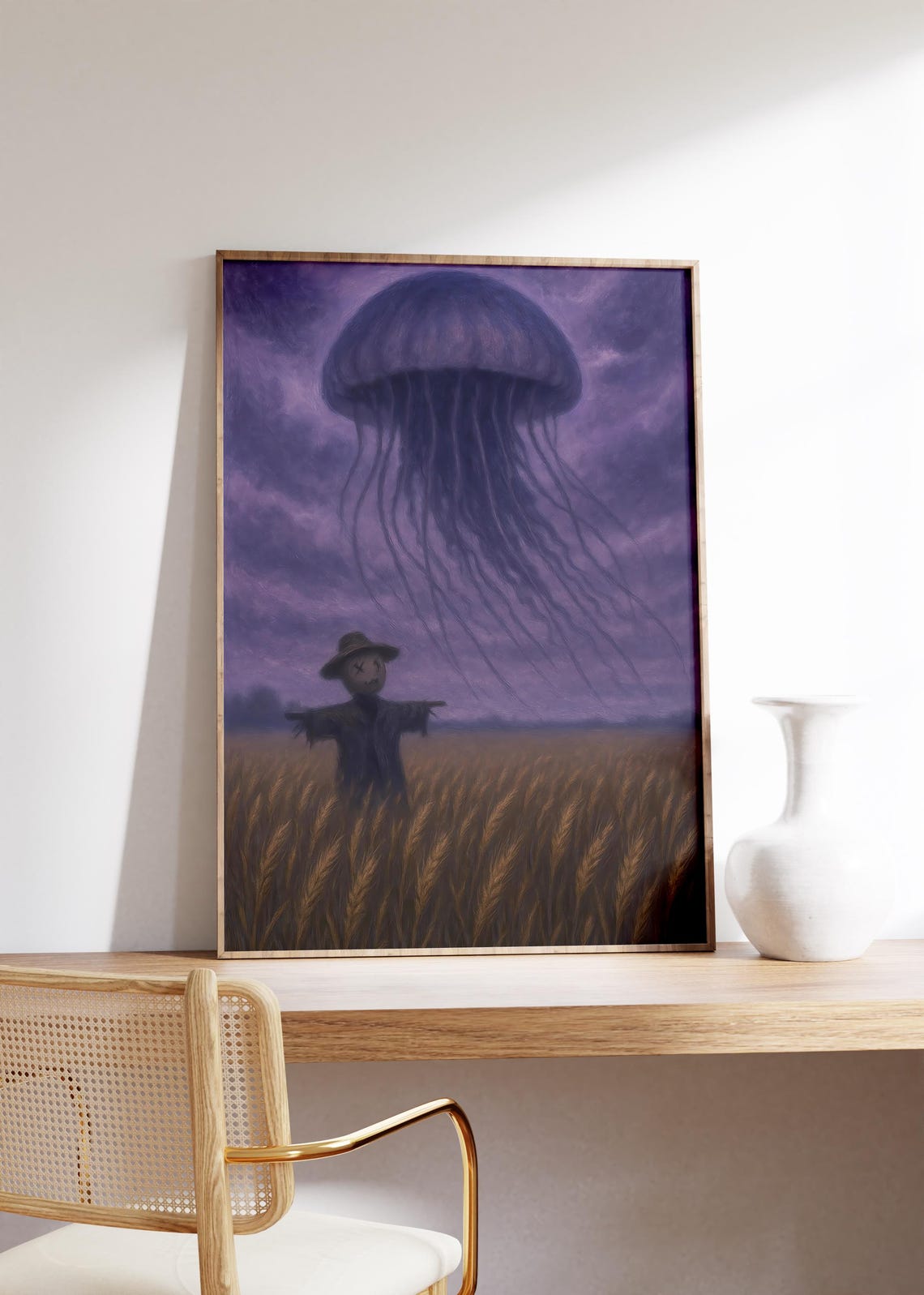 Giant Jellyfish Over Wheat Field With Scarecrow Surreal Poster