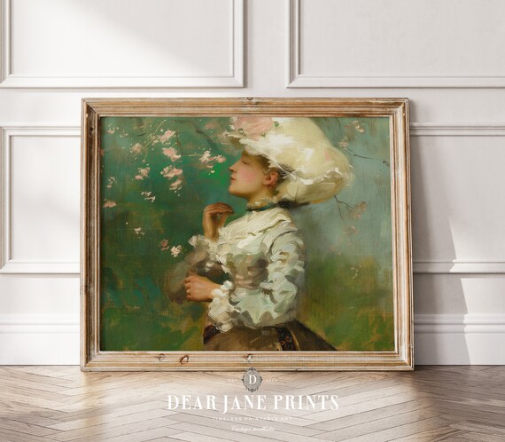 Woman in White Hat with Spring Blossoms Vintage Portrait Painting Poster