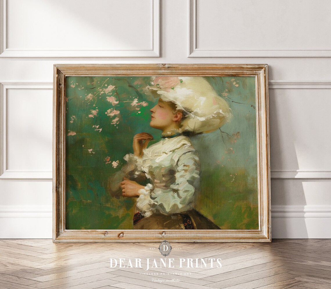Woman in White Hat with Spring Blossoms Vintage Portrait Painting Poster