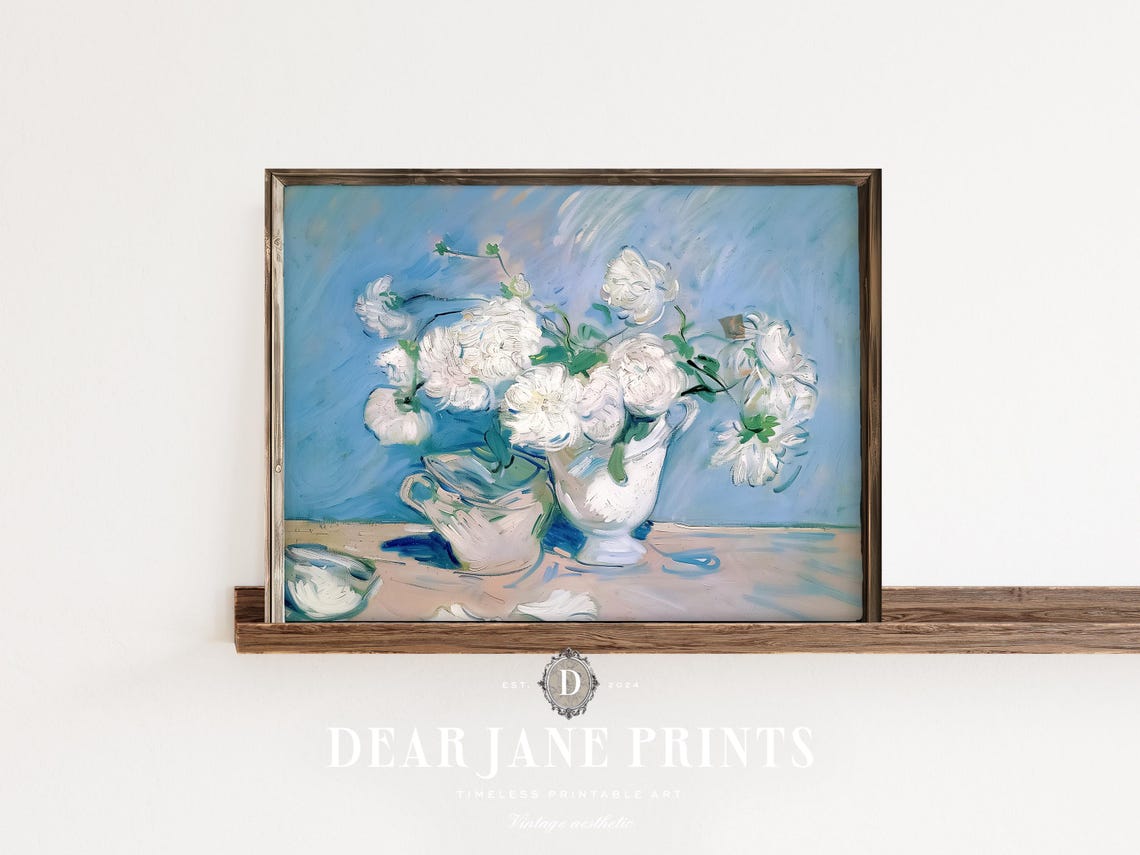 White Roses in Ceramic Vase on Soft Blue Still Life Floral Print