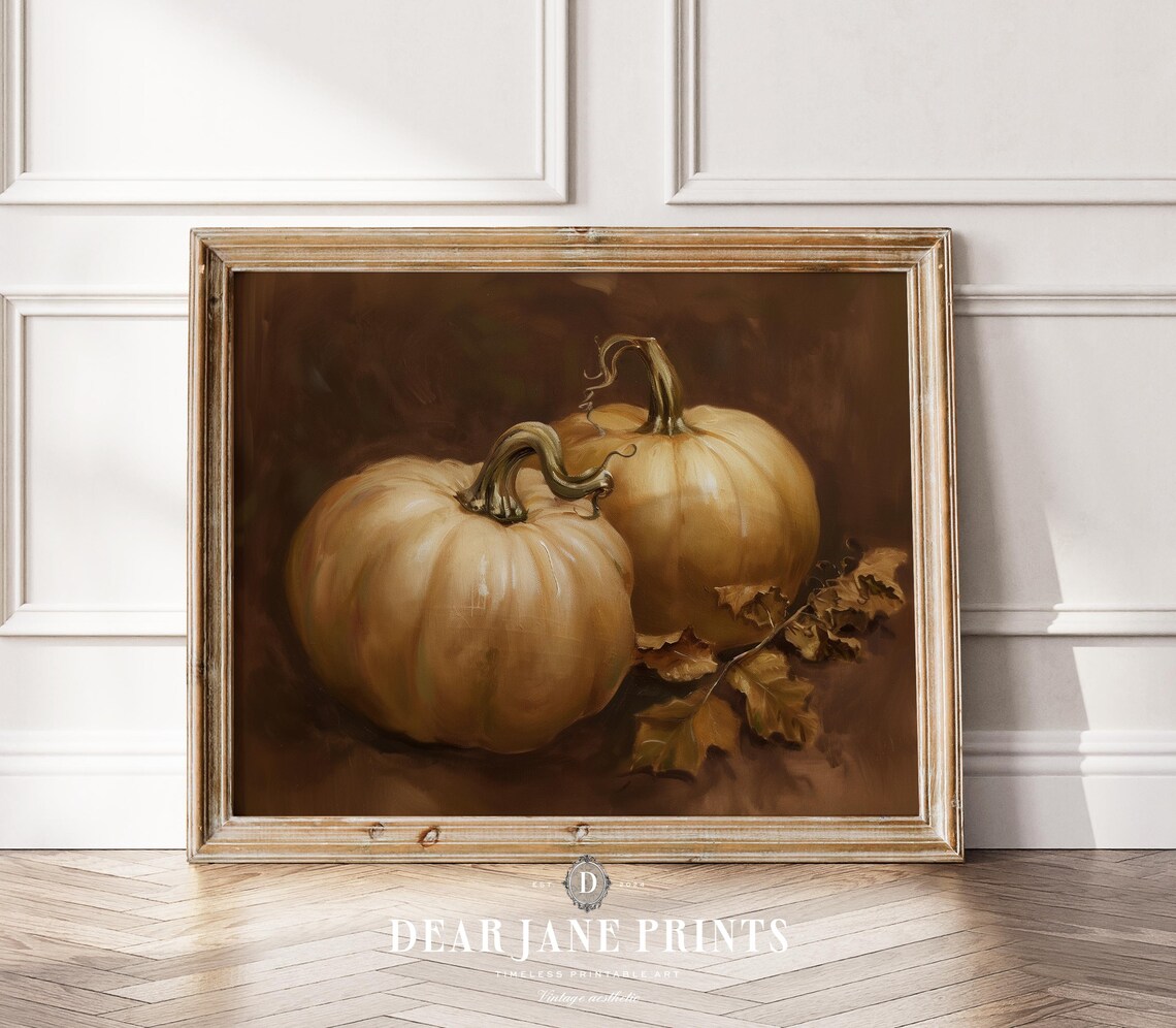 Two Beige Pumpkins with Autumn Leaves Oil Painting Still Life Poster - Image 2