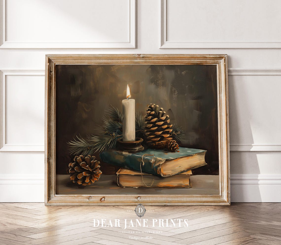 Candle Pinecones Vintage Books Winter Still Life Dark Academia Poster - Image 2