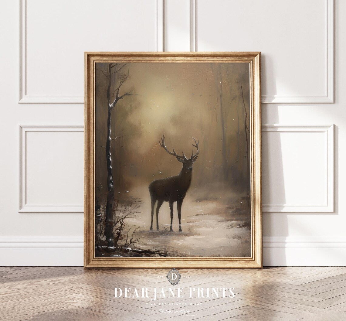 Dark Deer Stag in Snowy Winter Forest Moody Wildlife Painting Poster - Image 2