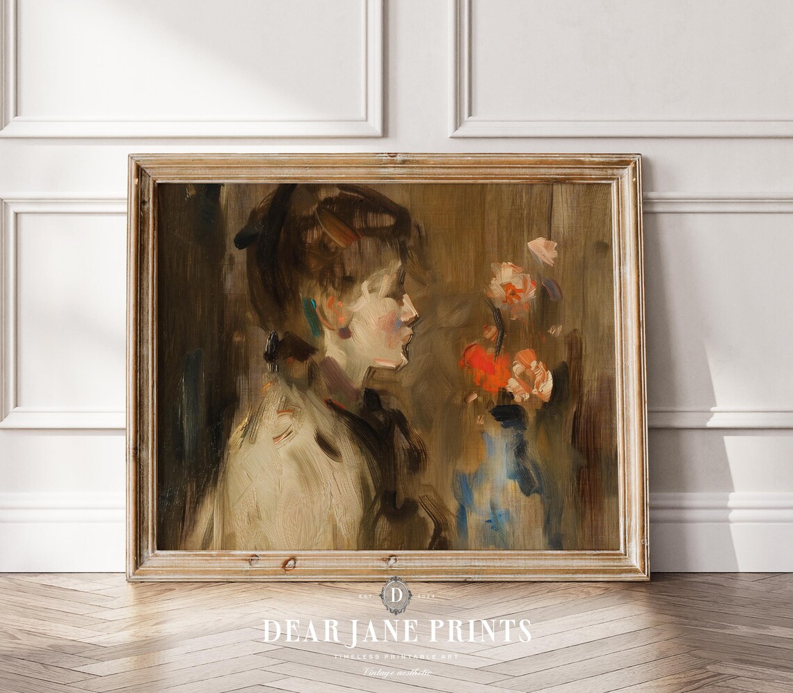 Moody Woman Portrait With Flowers Impressionist Vintage Style Wall Art