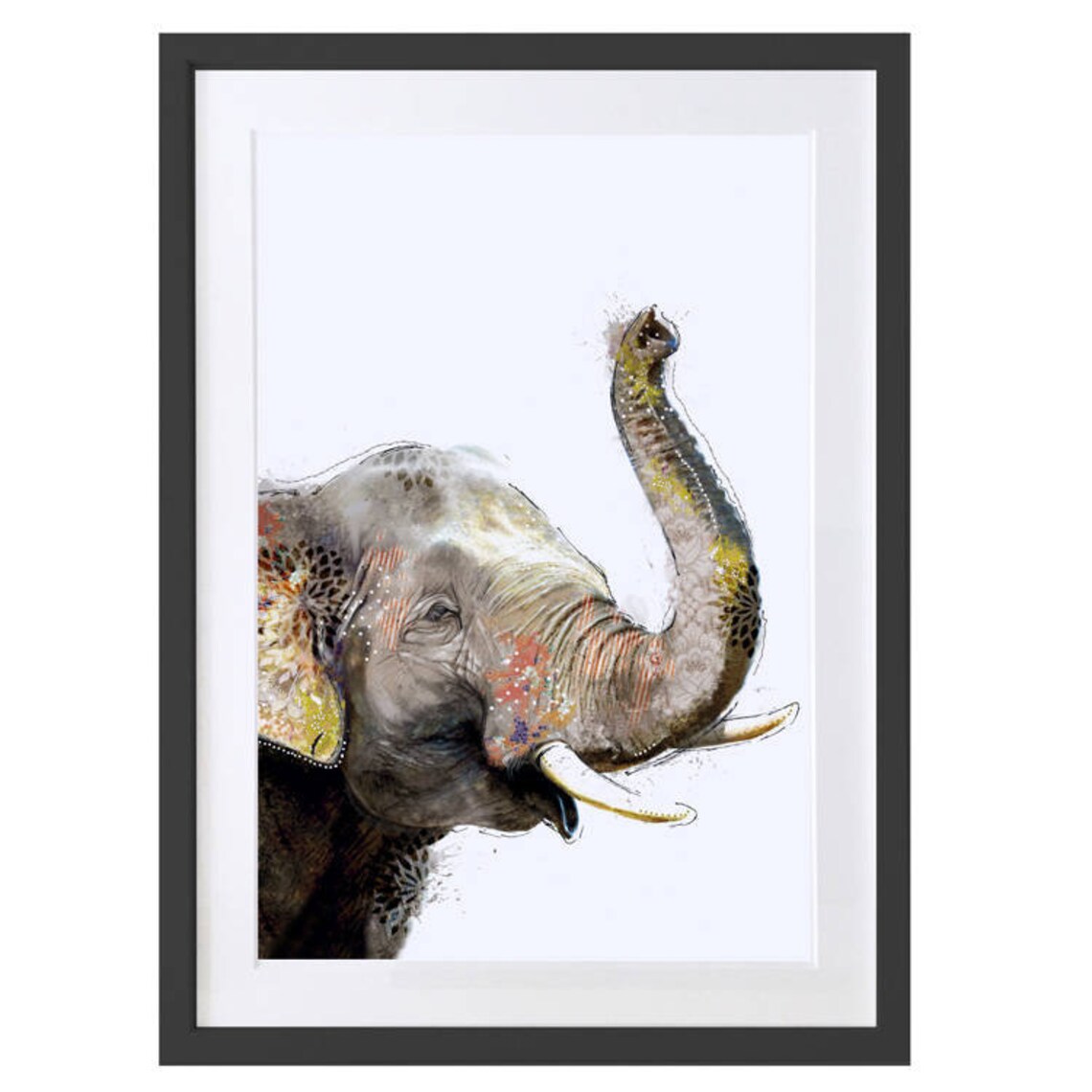Joyful Elephant with Raised Trunk Watercolor Art Print Framed