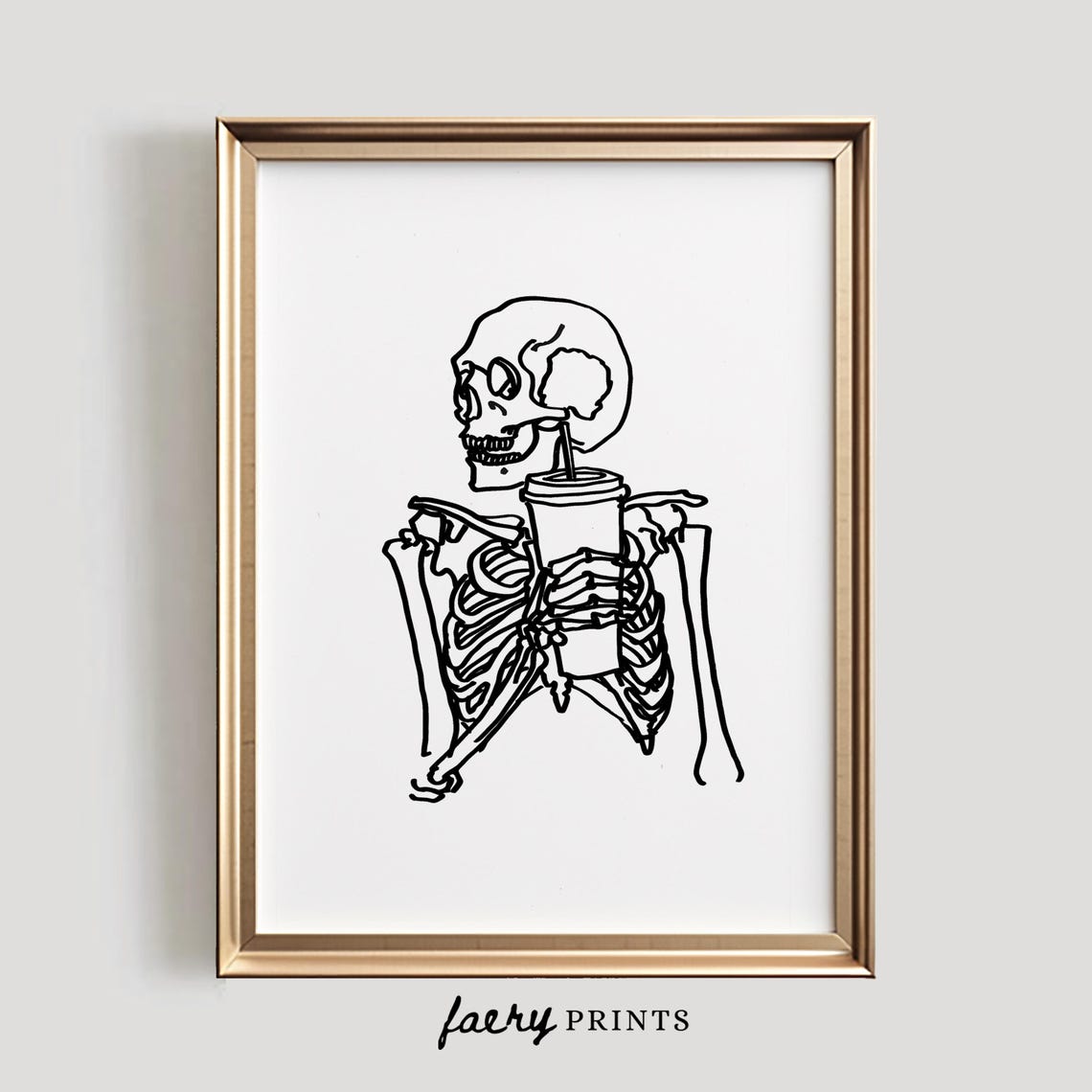 Skeleton Drinking Coffee with Straw Funny Halloween Line Art Poster