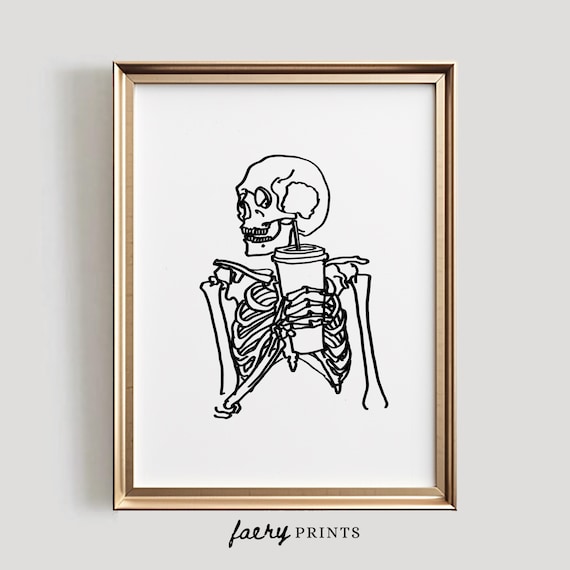 Skeleton Drinking Coffee with Straw Funny Halloween Line Art Poster
