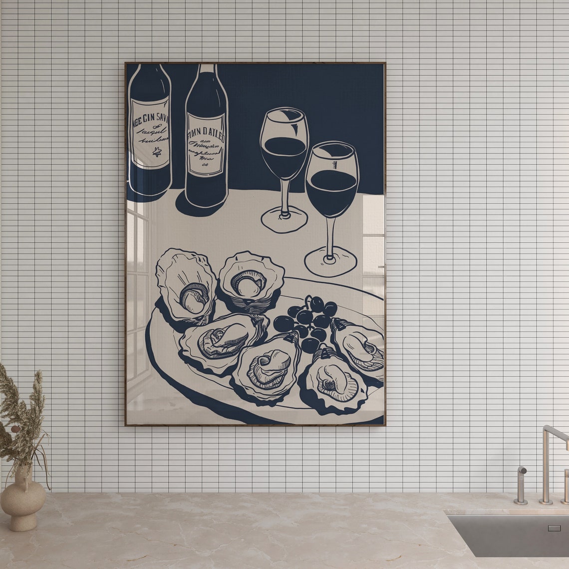 Navy Line Art Oysters and Red Wine Glasses Kitchen Chic Poster - Image 4
