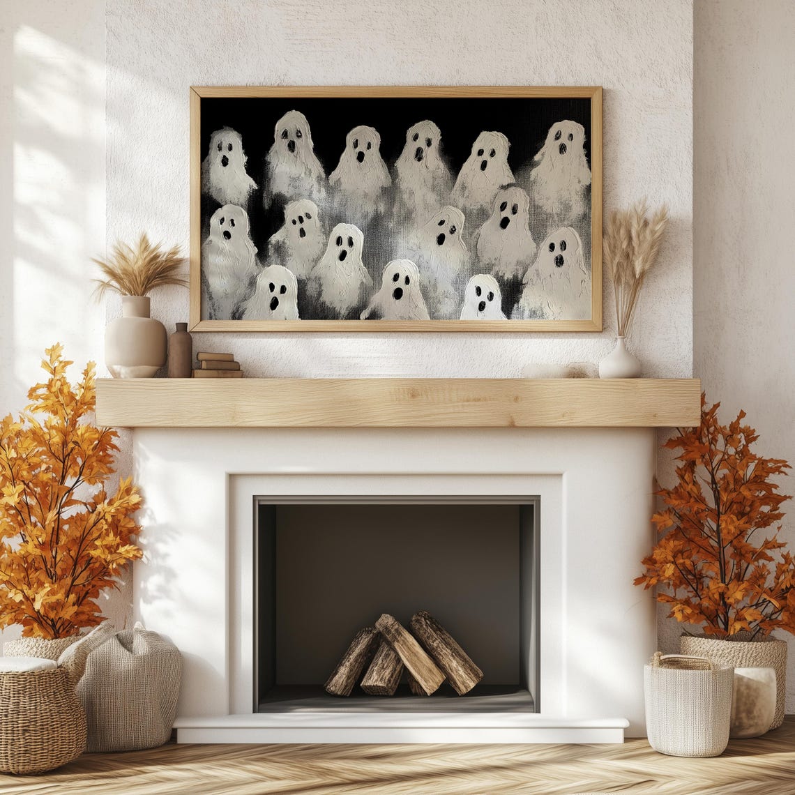 Crowd of Cute White Ghosts on Black Spooky Halloween Frame TV Poster - Image 2