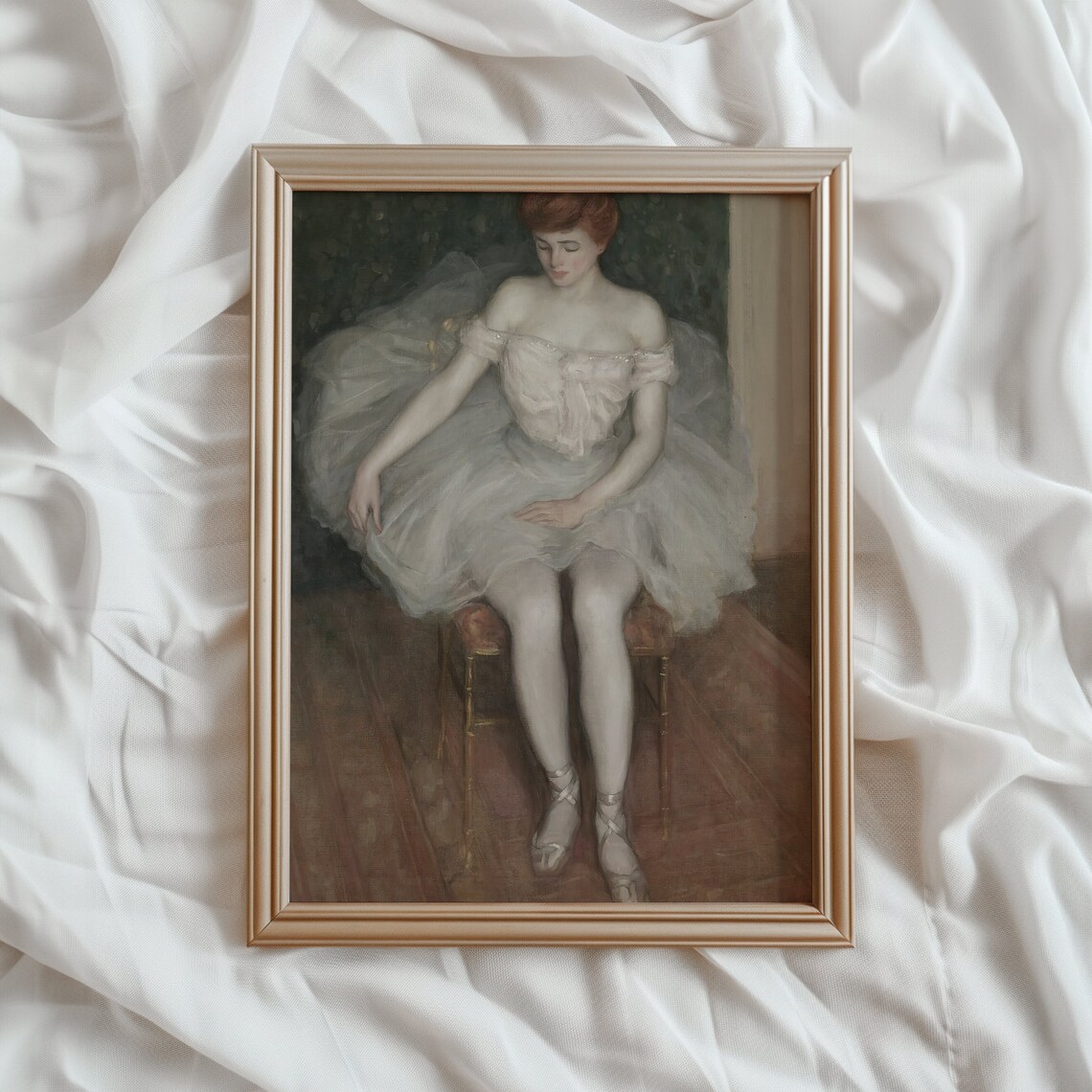 Ballerina in White Tutu Resting on Chair Vintage Oil Painting Poster