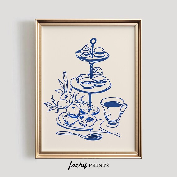 Vintage High Tea Line Art Kitchen Poster with Tiered Cake Stand Navy
