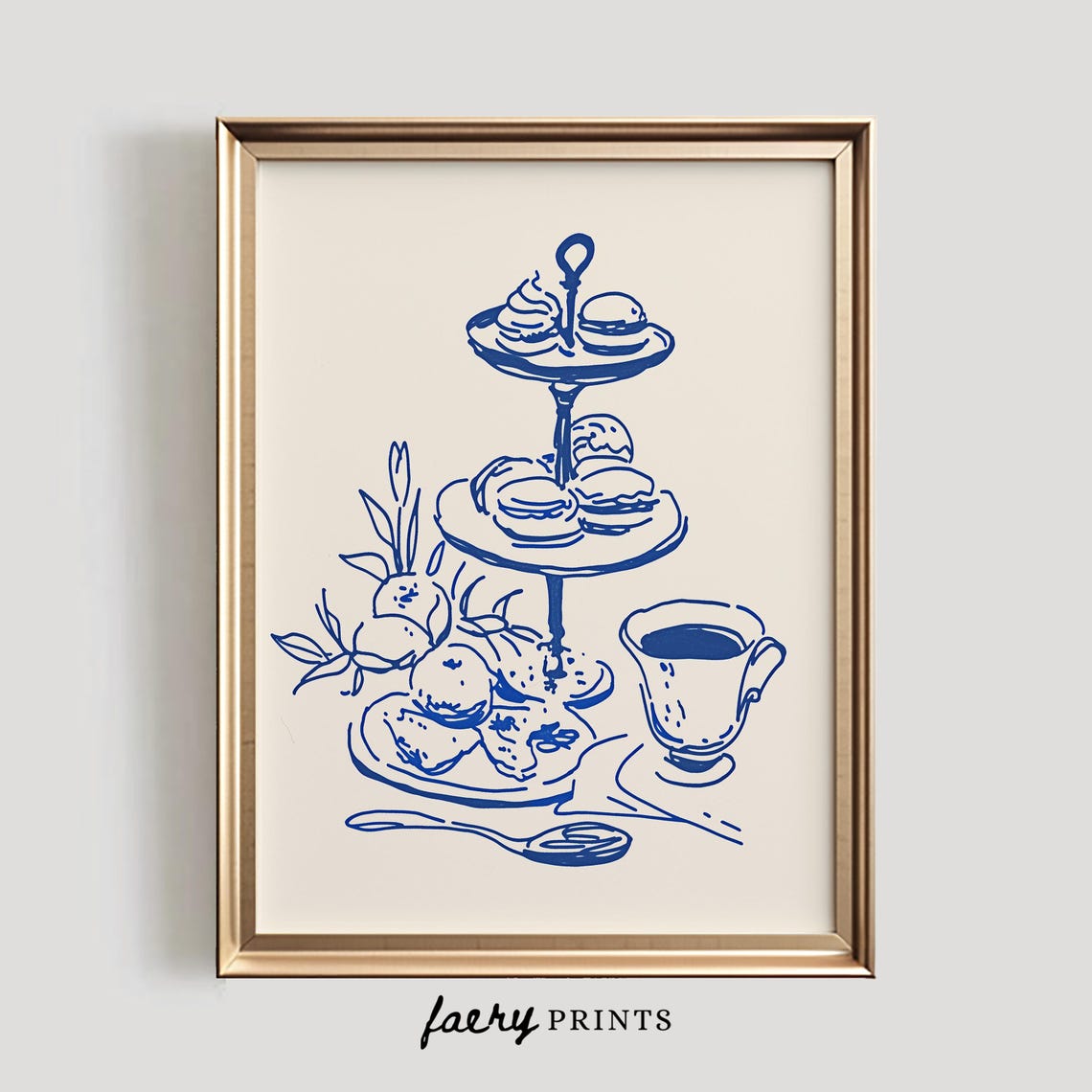 Vintage High Tea Line Art Kitchen Poster with Tiered Cake Stand Navy