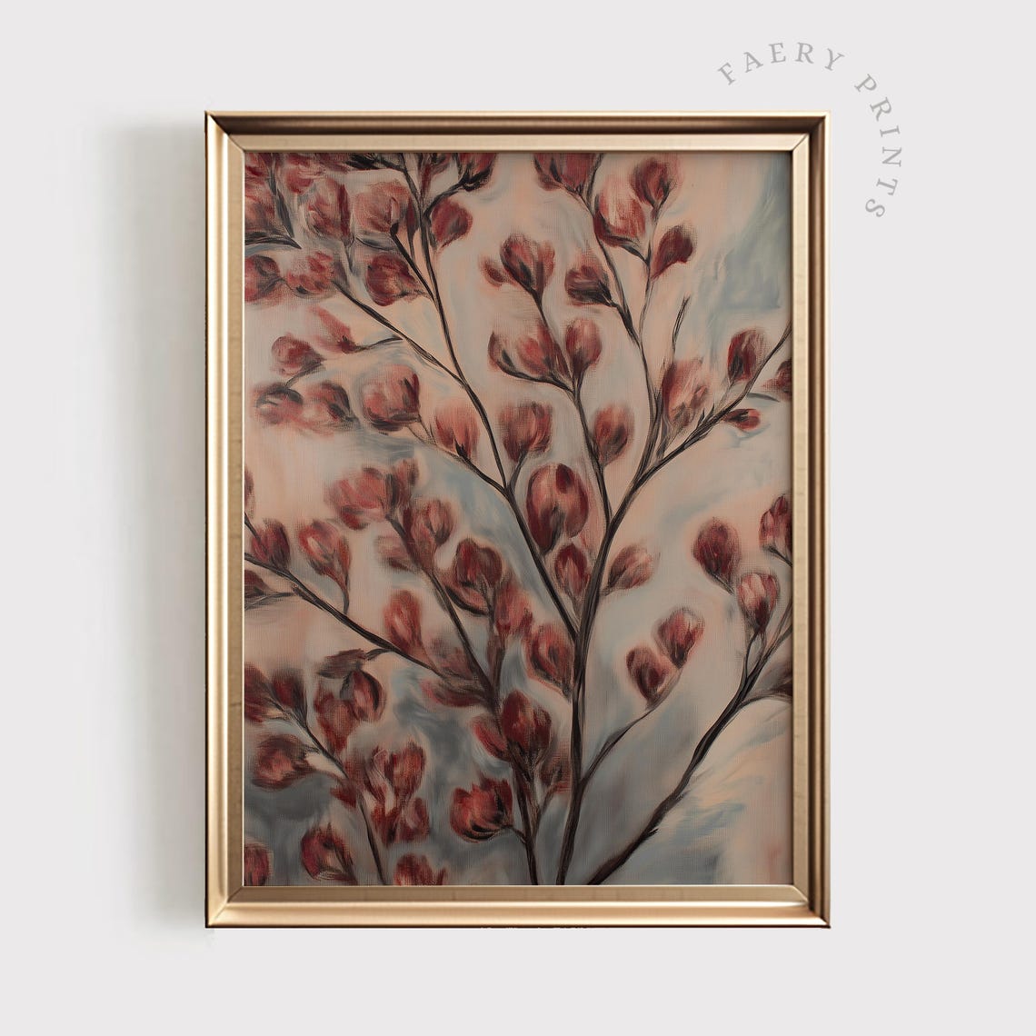 Vintage Wildflower Print Maroon Flowers Wall Art Burgundy Floral Painting Dark Red Decor Moody Farmhouse Style Art 1189