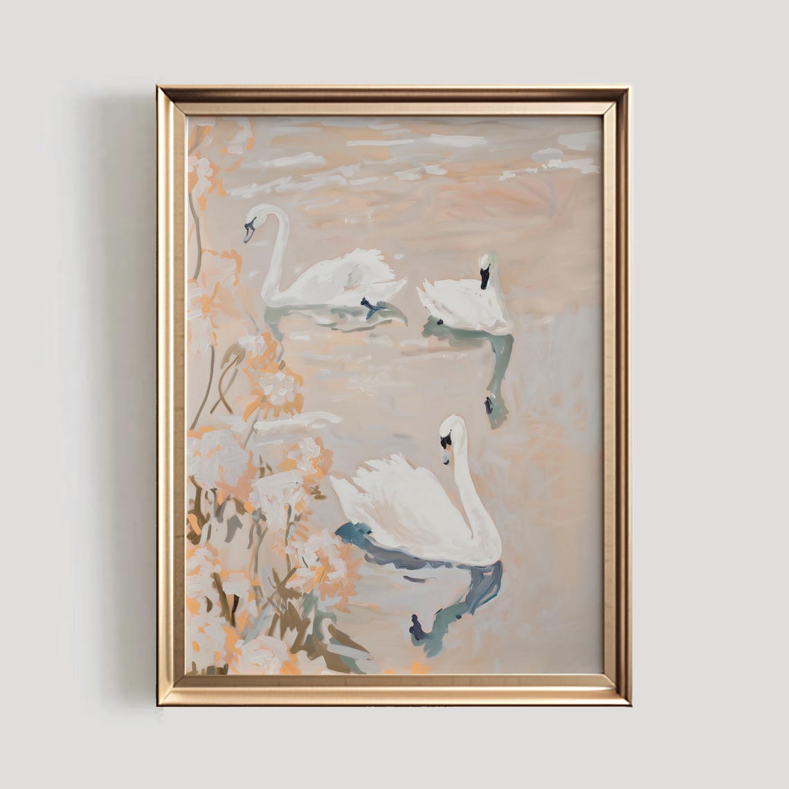 White Swans on Blush Water Pastel Romantic Pond Birds Poster