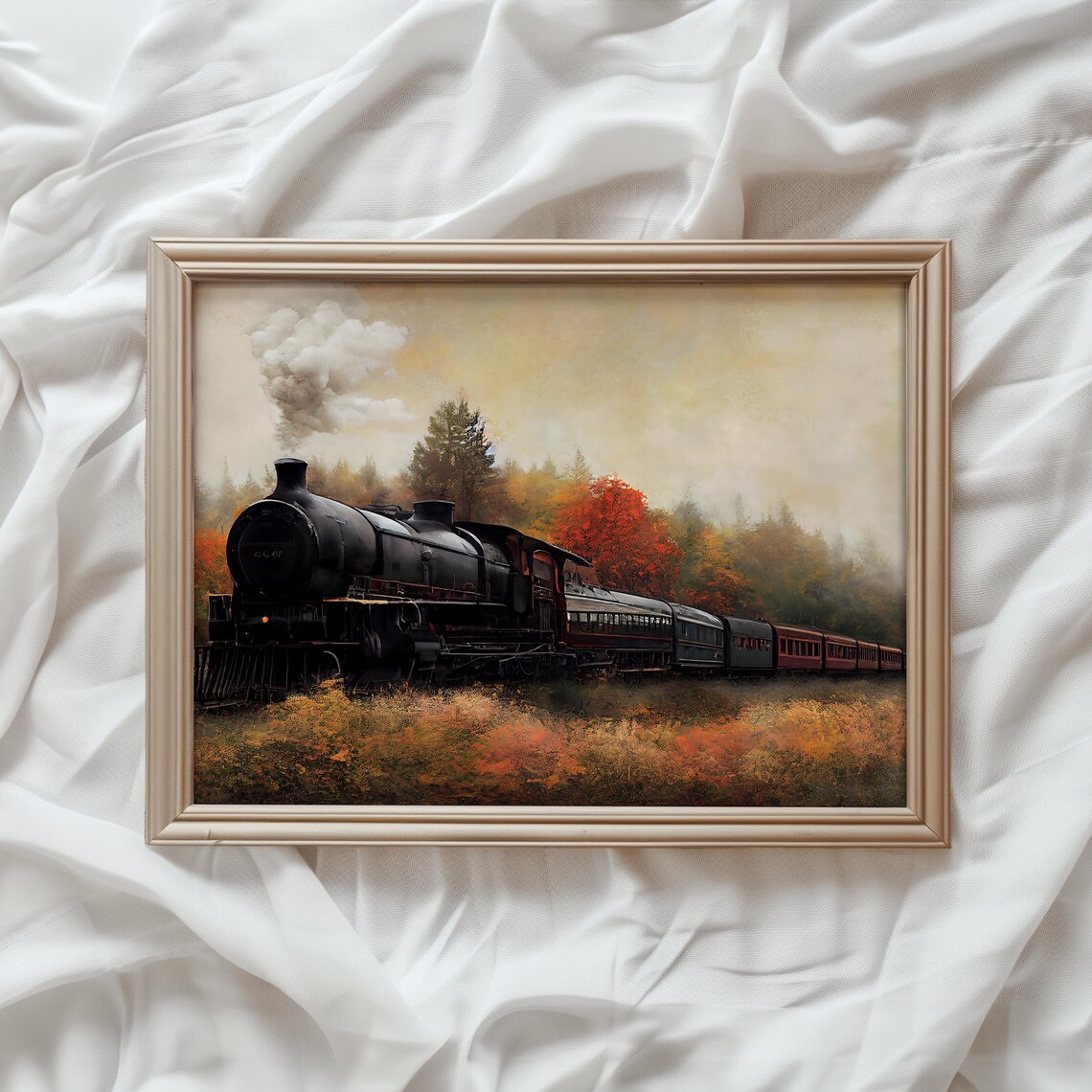 Autumn Landscape Vintage Steam Train Art Print