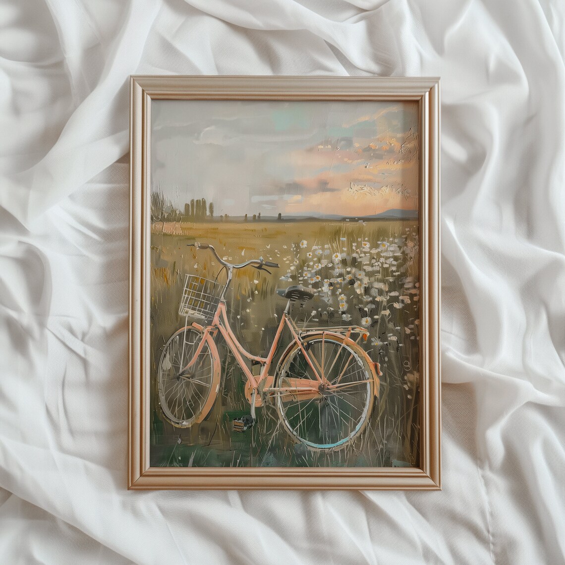 Vintage Pink Bicycle Poster, Countryside Farmhouse Decor