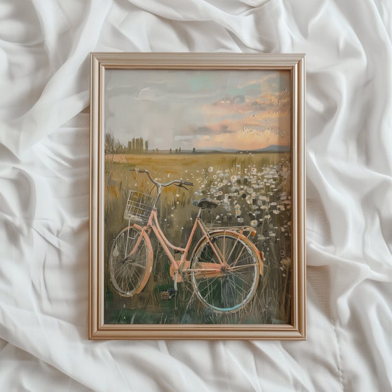 Vintage Pink Bicycle Poster, Countryside Farmhouse Decor