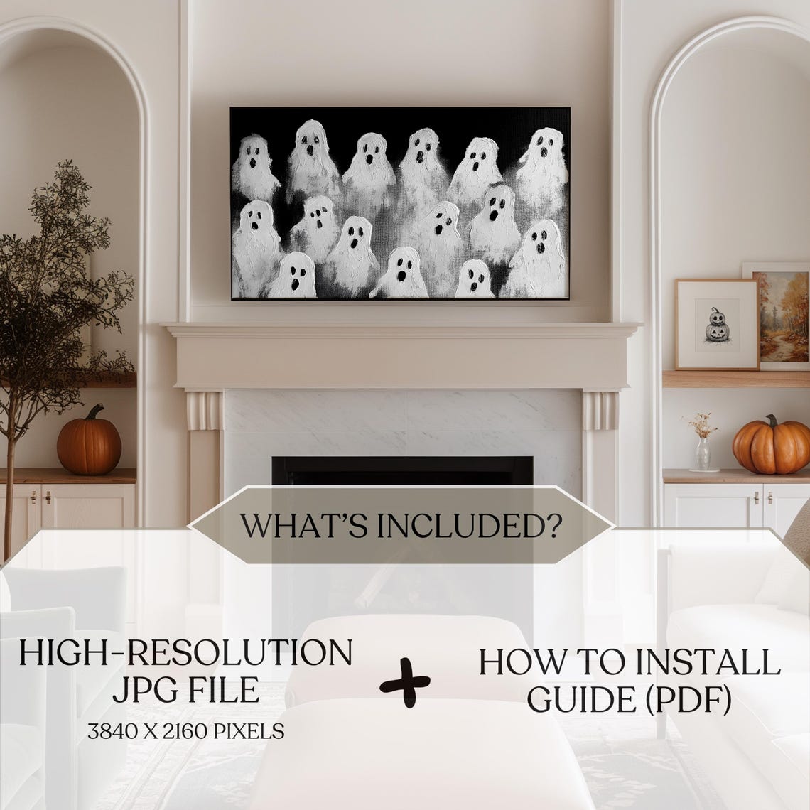 Crowd of Cute White Ghosts on Black Spooky Halloween Frame TV Poster - Image 4