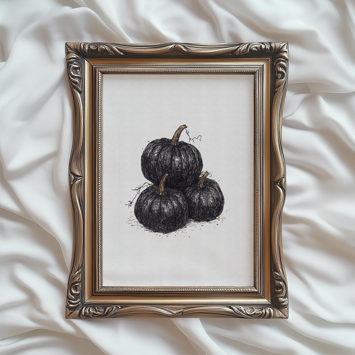 Trio Of Black Pumpkins Ink Sketch Halloween Harvest Wall Art