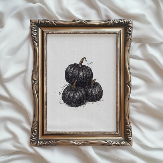 Trio Of Black Pumpkins Ink Sketch Halloween Harvest Wall Art