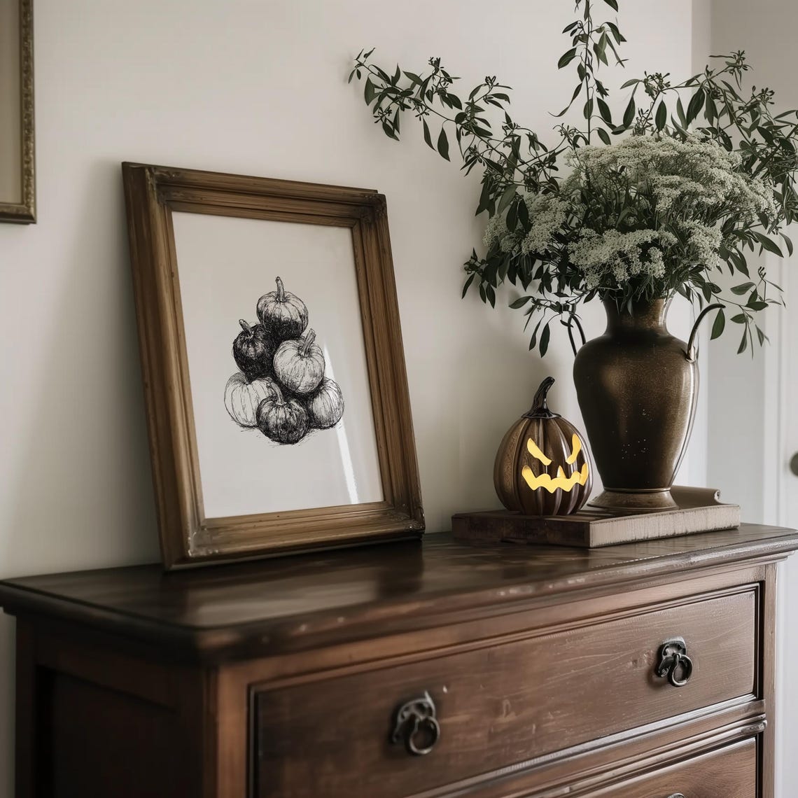 Charming Stacked Pumpkin Pile Black Ink Sketch Fall Harvest Wall Art - Image 2